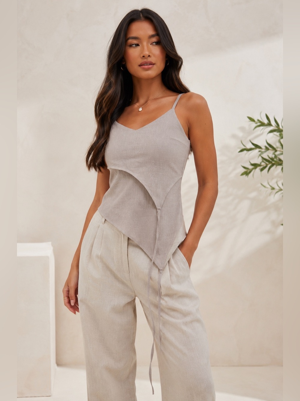 PrettyLittleThing Taupe Linen Blend Asymmetric Strappy Cami Top Size 10 NWT